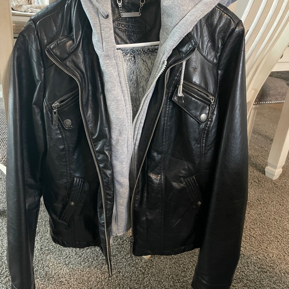 Black faux leather coat with detachable hood